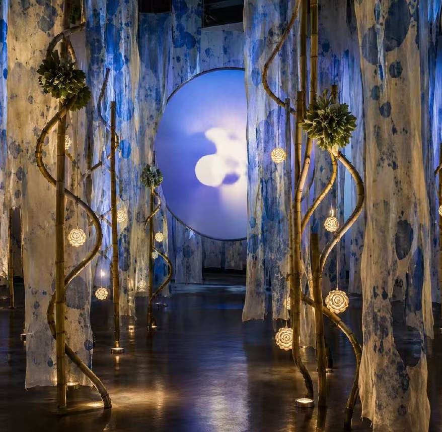 Atmospheric installation view with suspended fabric, bamboo structures, projected light, and illuminated organic forms